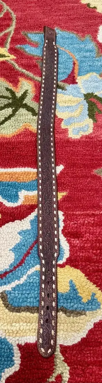 Nocona Belt  #876 Tooled Western Leather Belt w/ White Stitch Sz 34;No Buckle